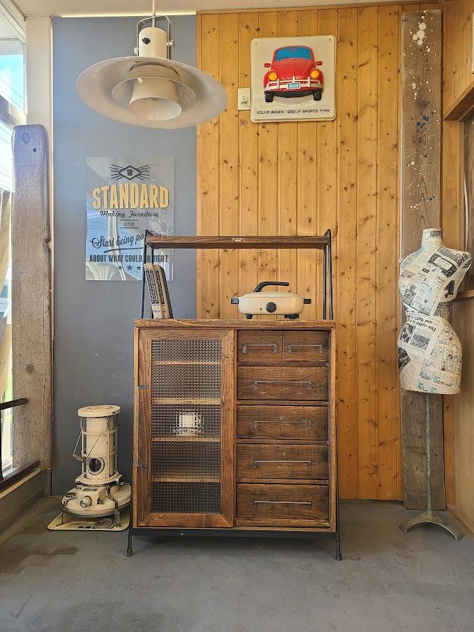 SIDE OPEN CABINET＋SHELF/ハイポジション　★古材とアイアンとレトロガラス